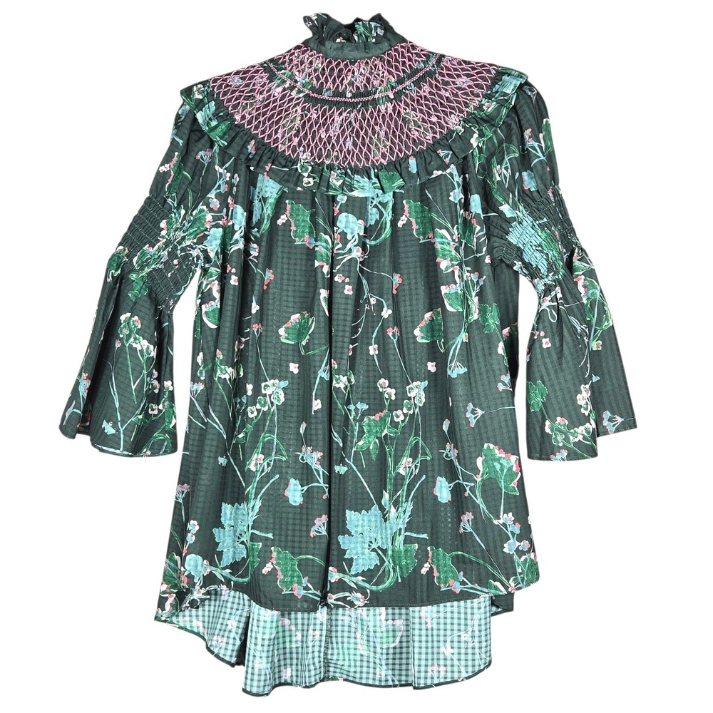 Tuckernuck Marion Blouse XXS Jaguar Garden Green Floral Smocked Ruffle Preppy